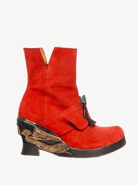 John Fluevog x Anna Sui Mission Anna Red Suede Buckle Boots